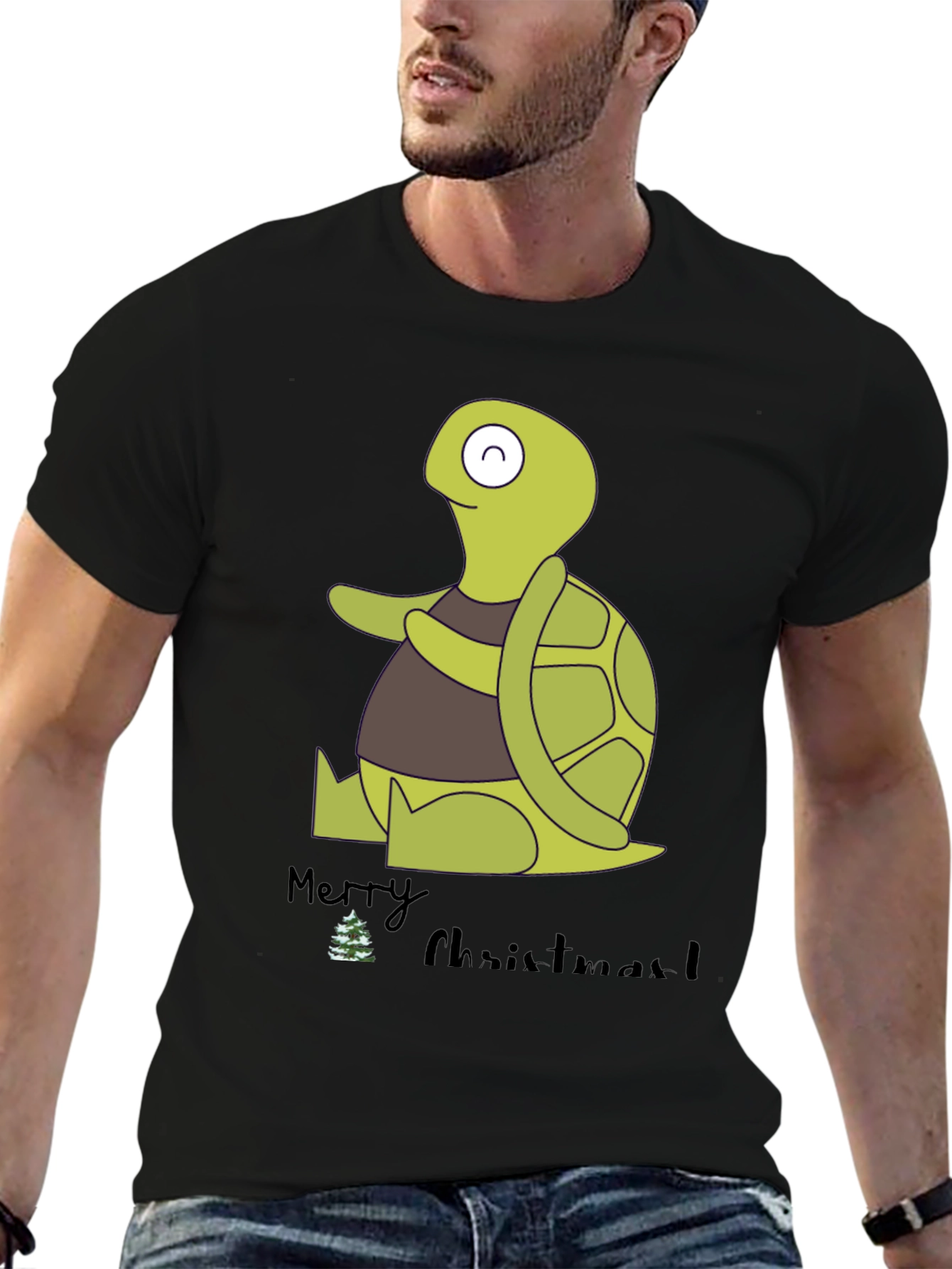 Turtle Merry Christmas Black Graphic Tee