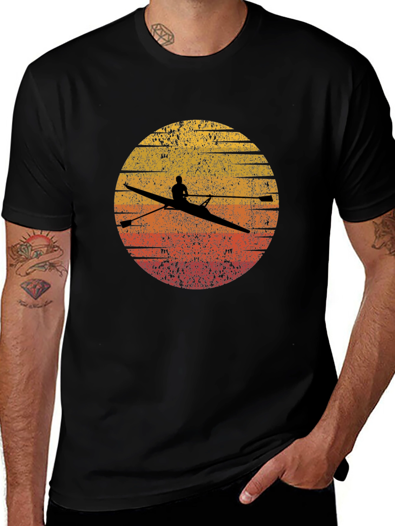 Rowing Silhouette Graphic Tee - Retro Sunset Design