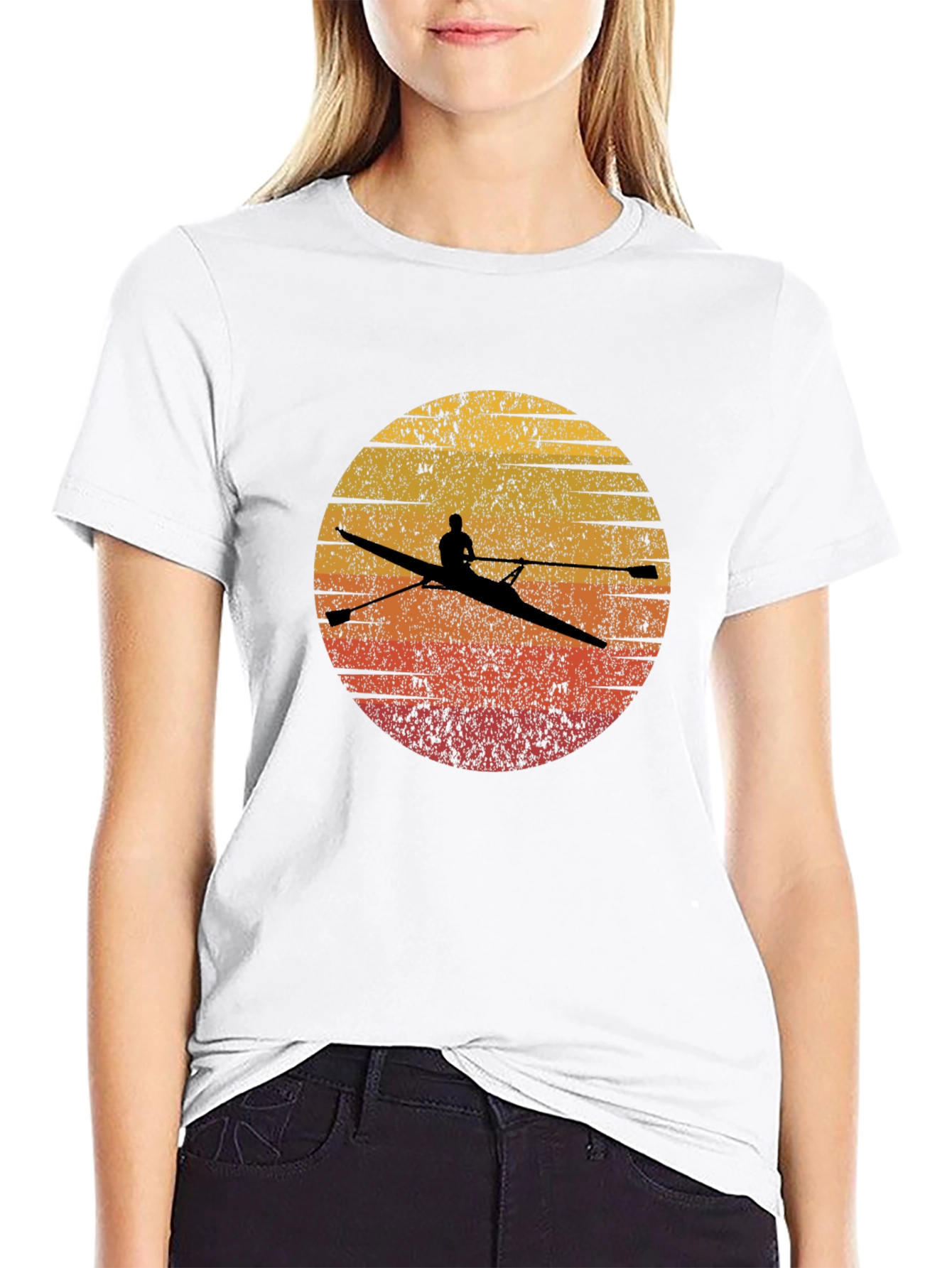 Rowing Silhouette Graphic Tee - Retro Sunset Design