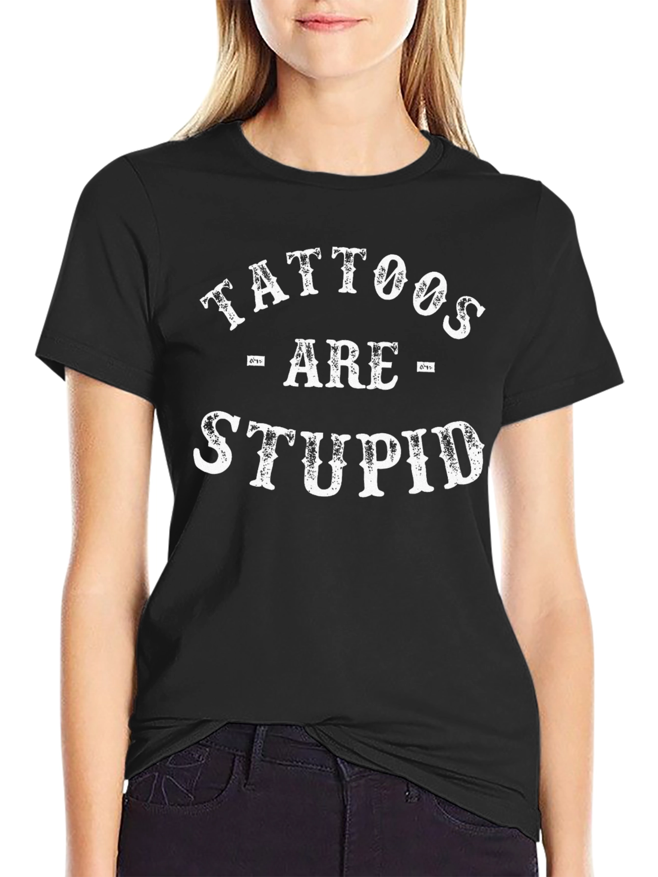 Tattoos Are Stupid Graphic Tee - Black Cotton Crewneck