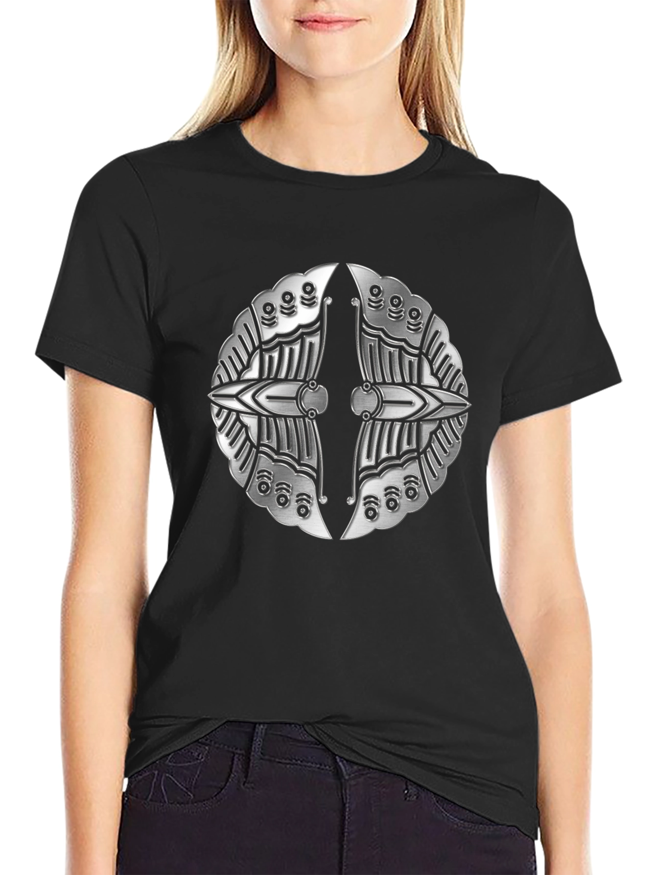 Silver Metallic Shield Emblem Black T-Shirt