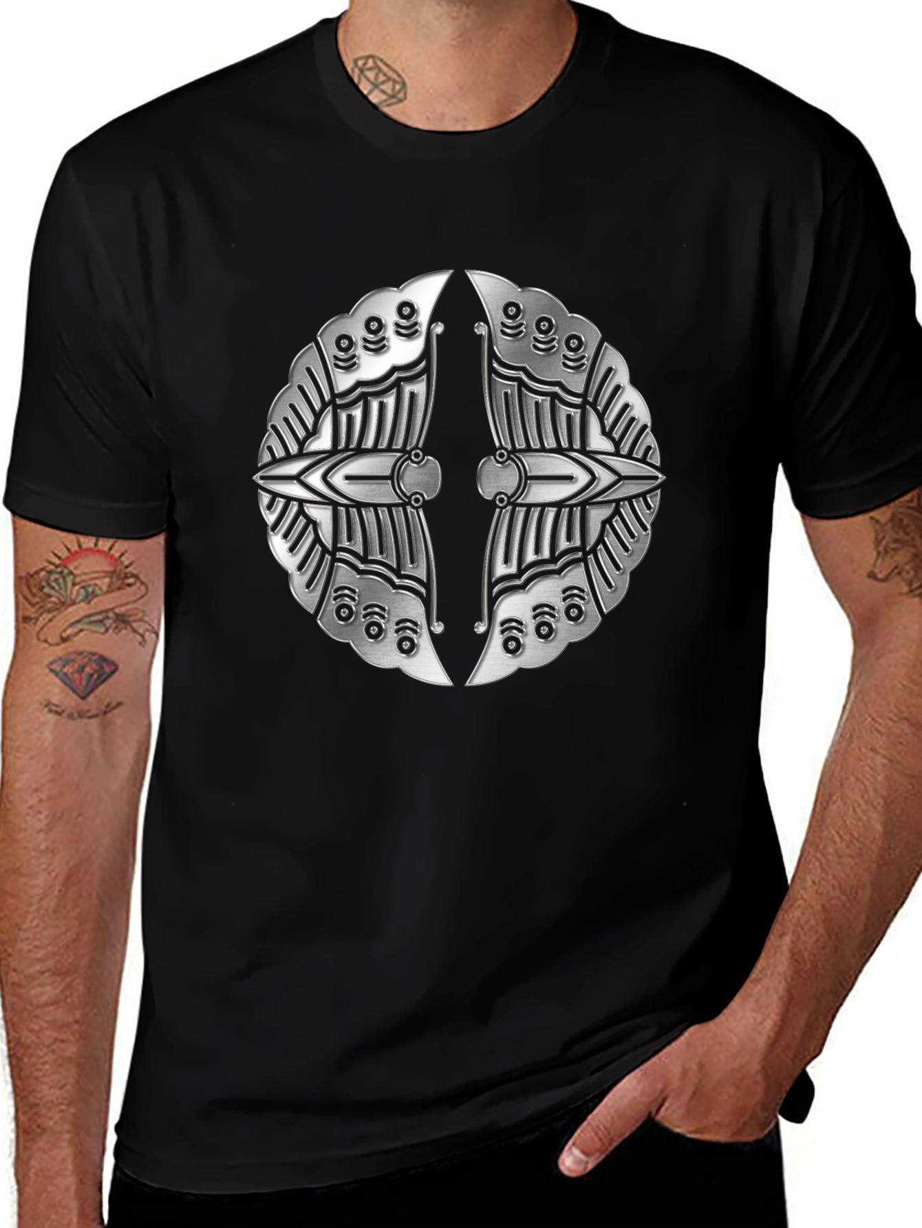 Silver Metallic Shield Emblem Black T-Shirt