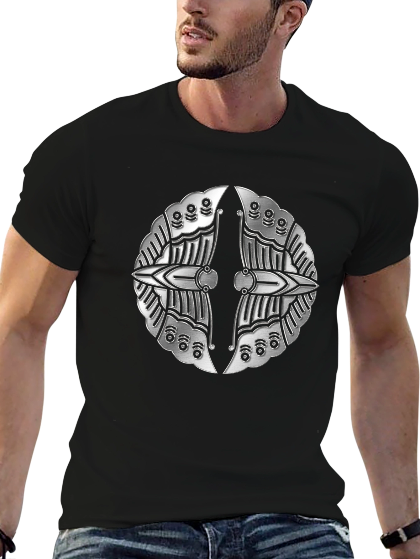 Silver Metallic Shield Emblem Black T-Shirt