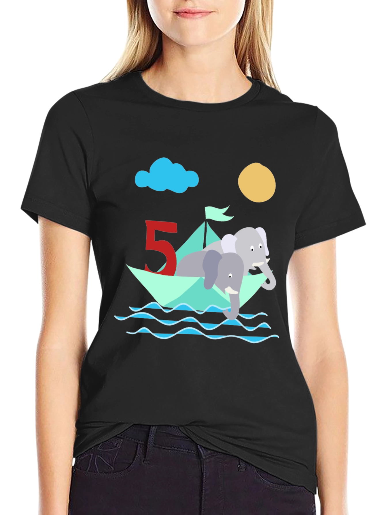 Cute 5th Birthday Elephant Boat T-Shirt