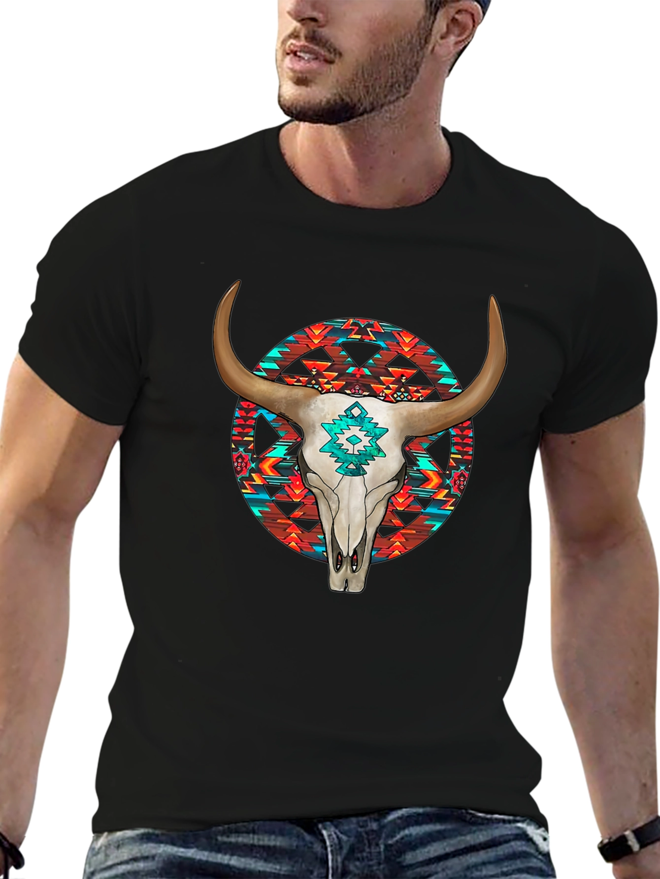 Cow Skull Graphic Print Black T-Shirt