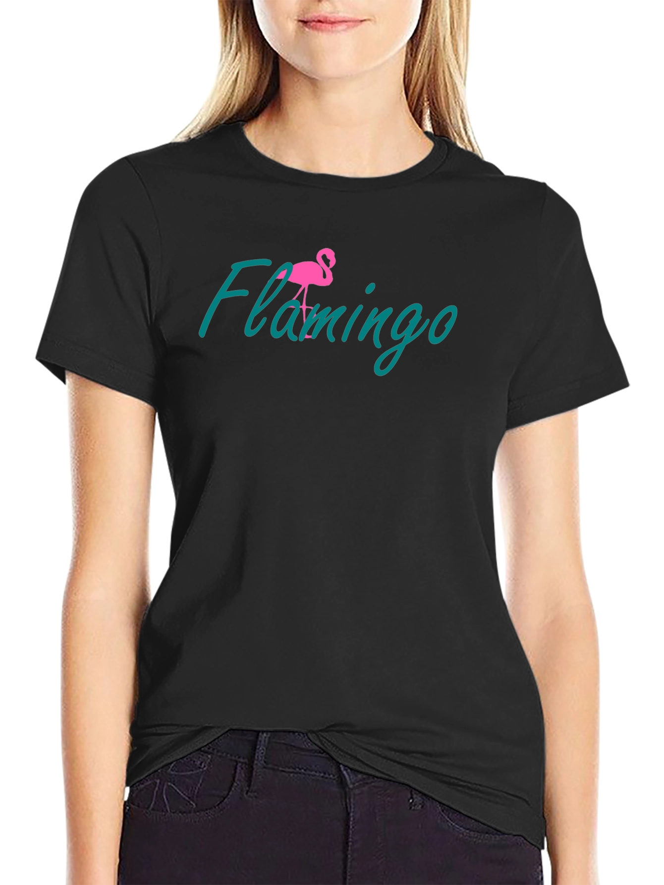 Flamingo Graphic Tee - Black Cotton Casual