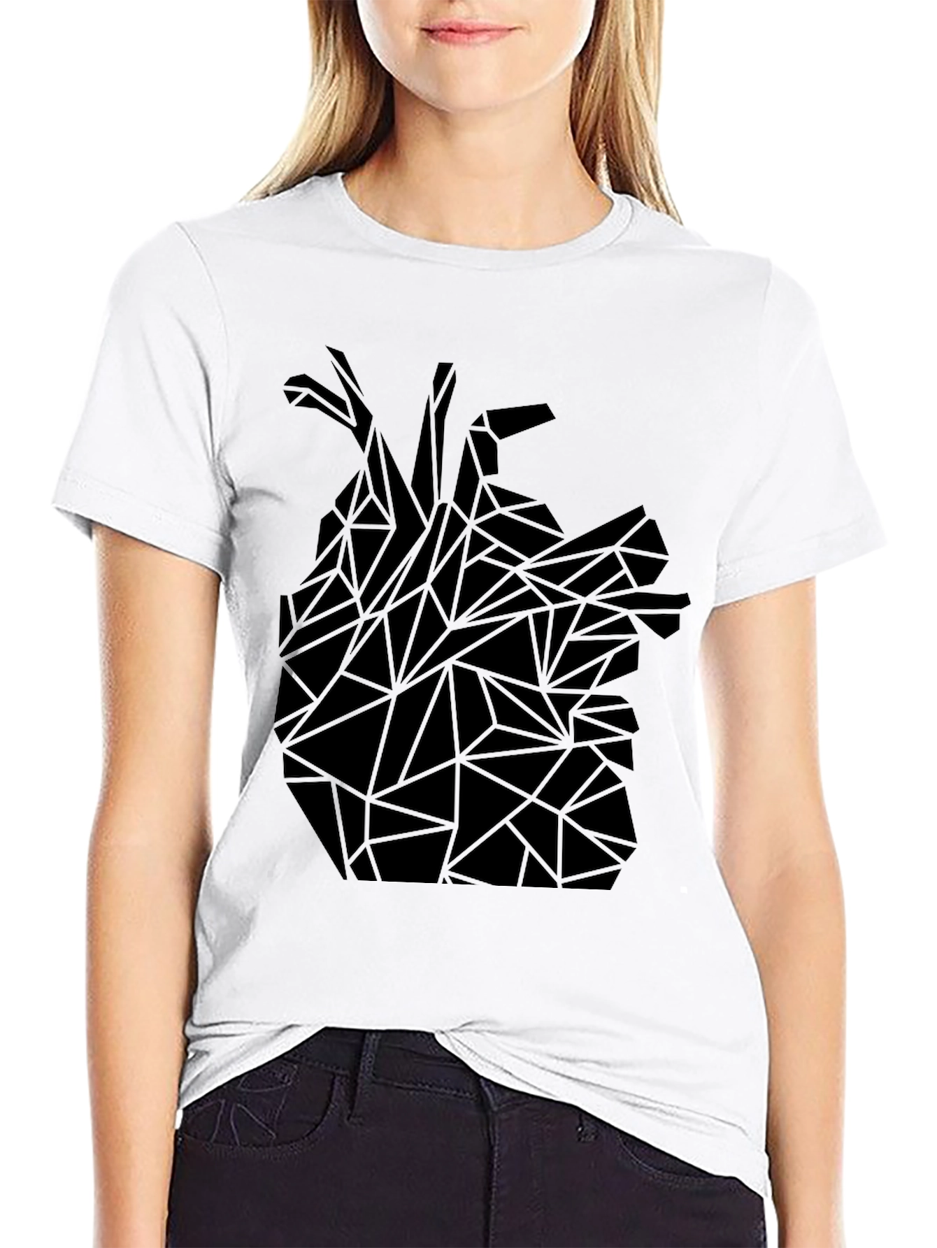 Geometric Heart Tee - Modern Graphic Print Black T-Shirt