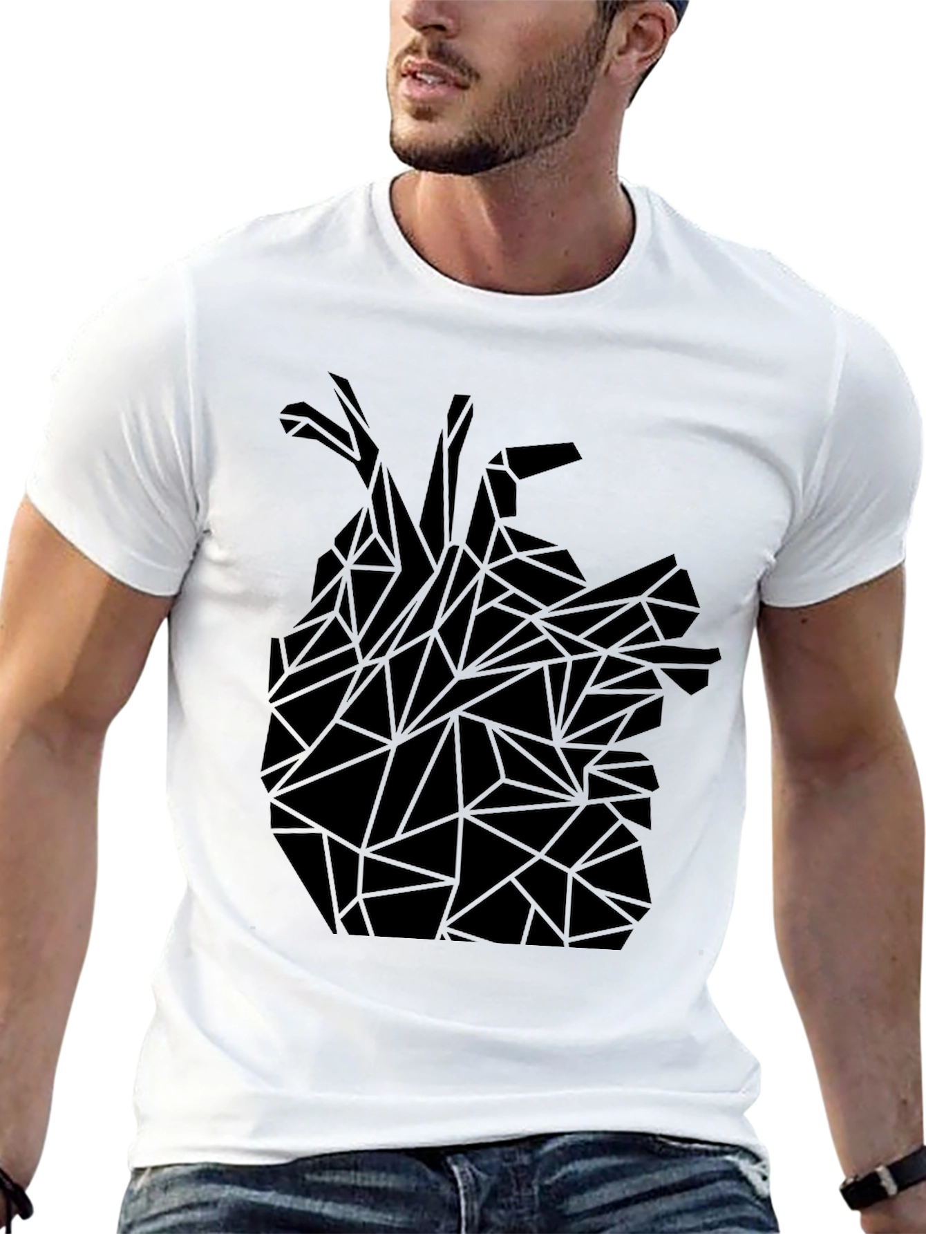 Geometric Heart Tee - Modern Graphic Print Black T-Shirt