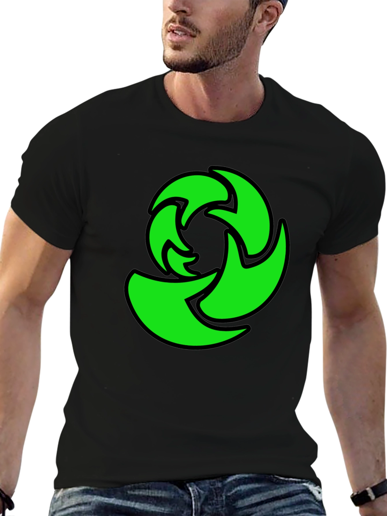 Green Graphic Print Black T-Shirt