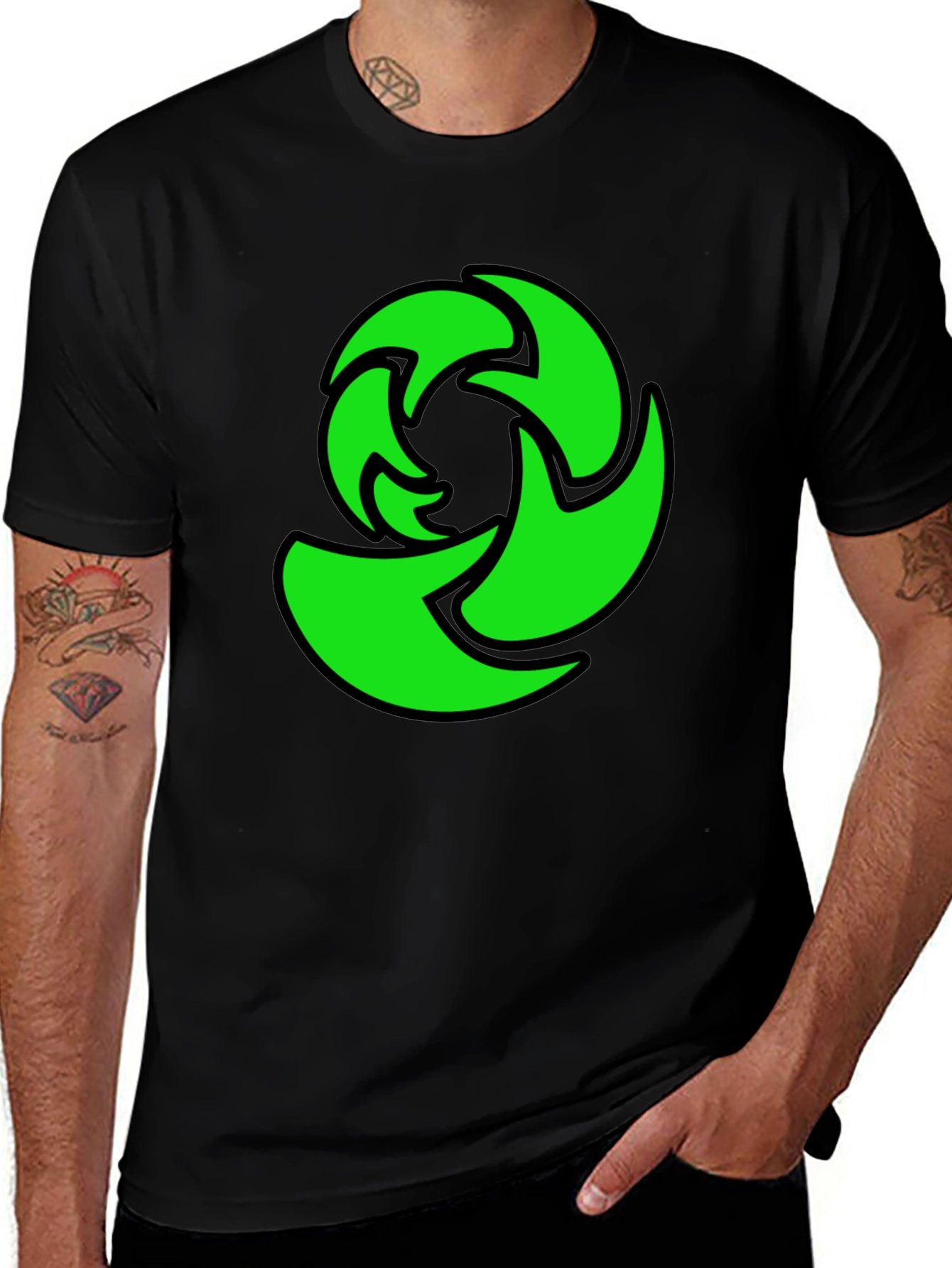 Green Graphic Print Black T-Shirt