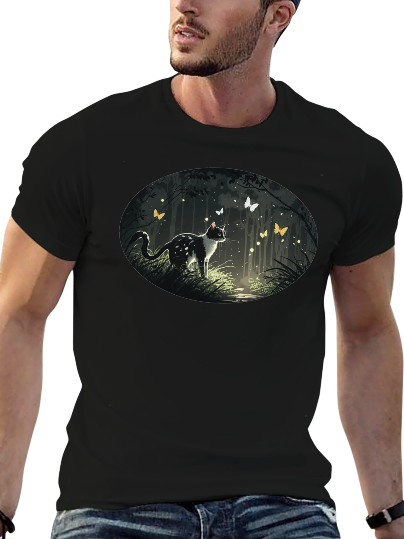 Cat & Butterfly Graphic Tee - Black Cotton T-Shirt