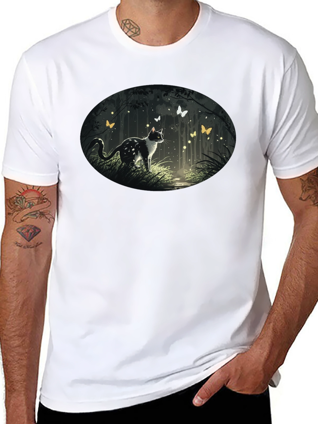 Cat & Butterfly Graphic Tee - Black Cotton T-Shirt