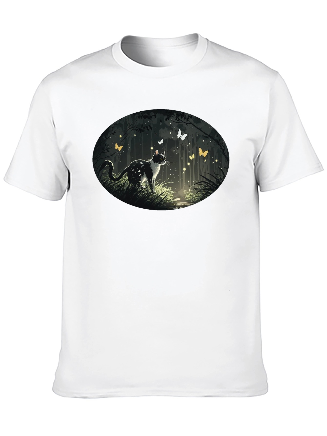 Cat & Butterfly Graphic Tee - Black Cotton T-Shirt