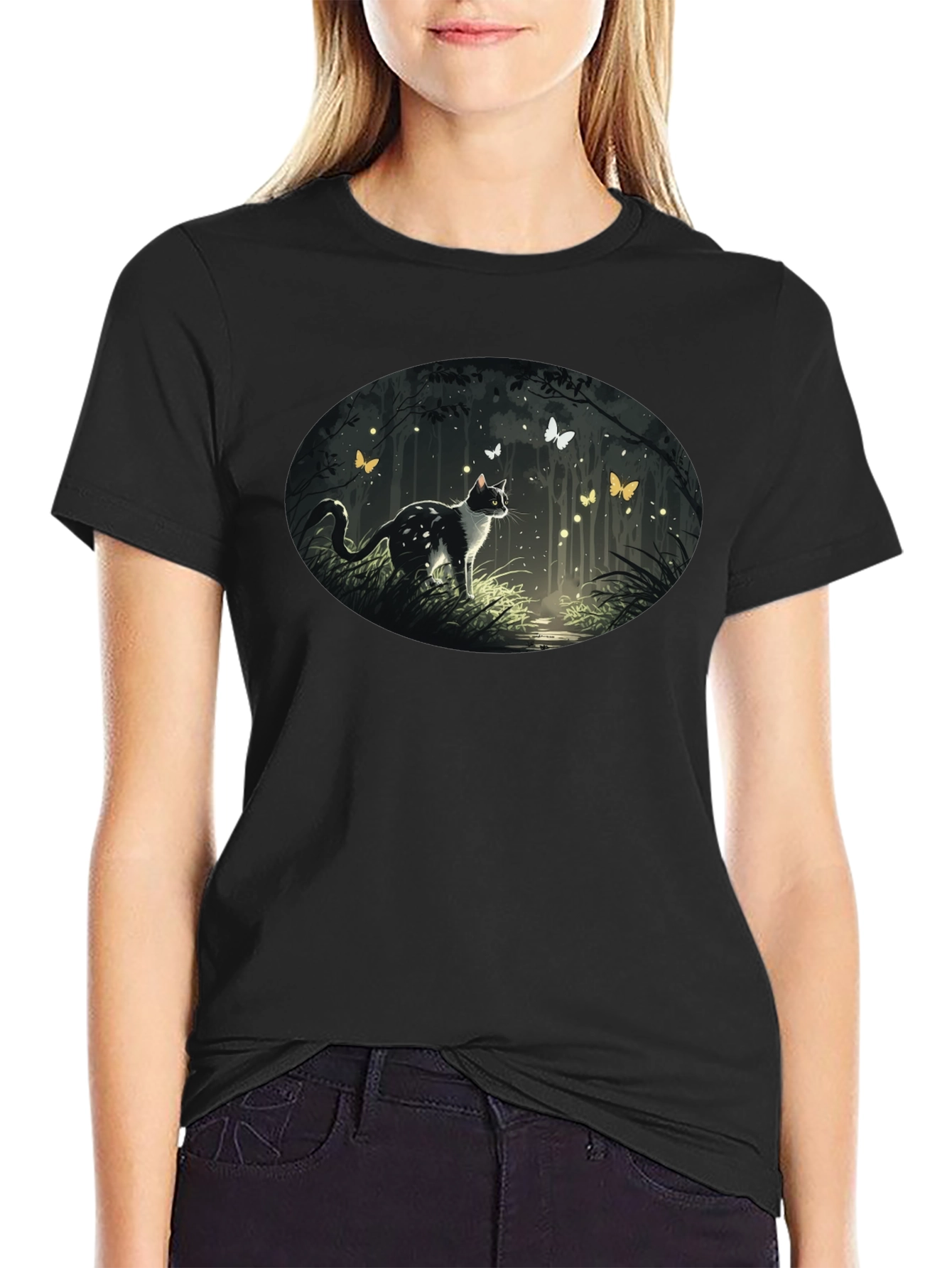 Cat & Butterfly Graphic Tee - Black Cotton T-Shirt