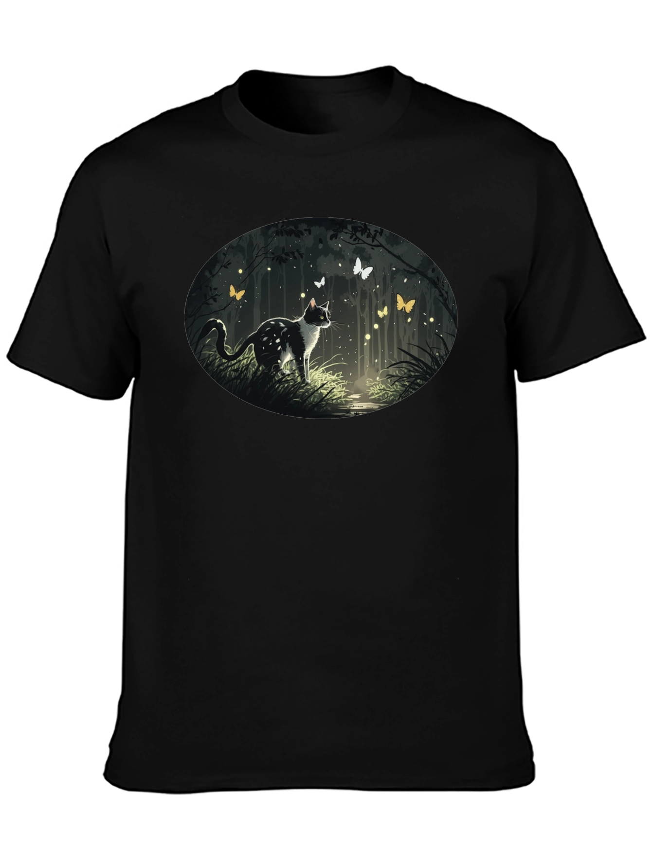 Cat & Butterfly Graphic Tee - Black Cotton T-Shirt