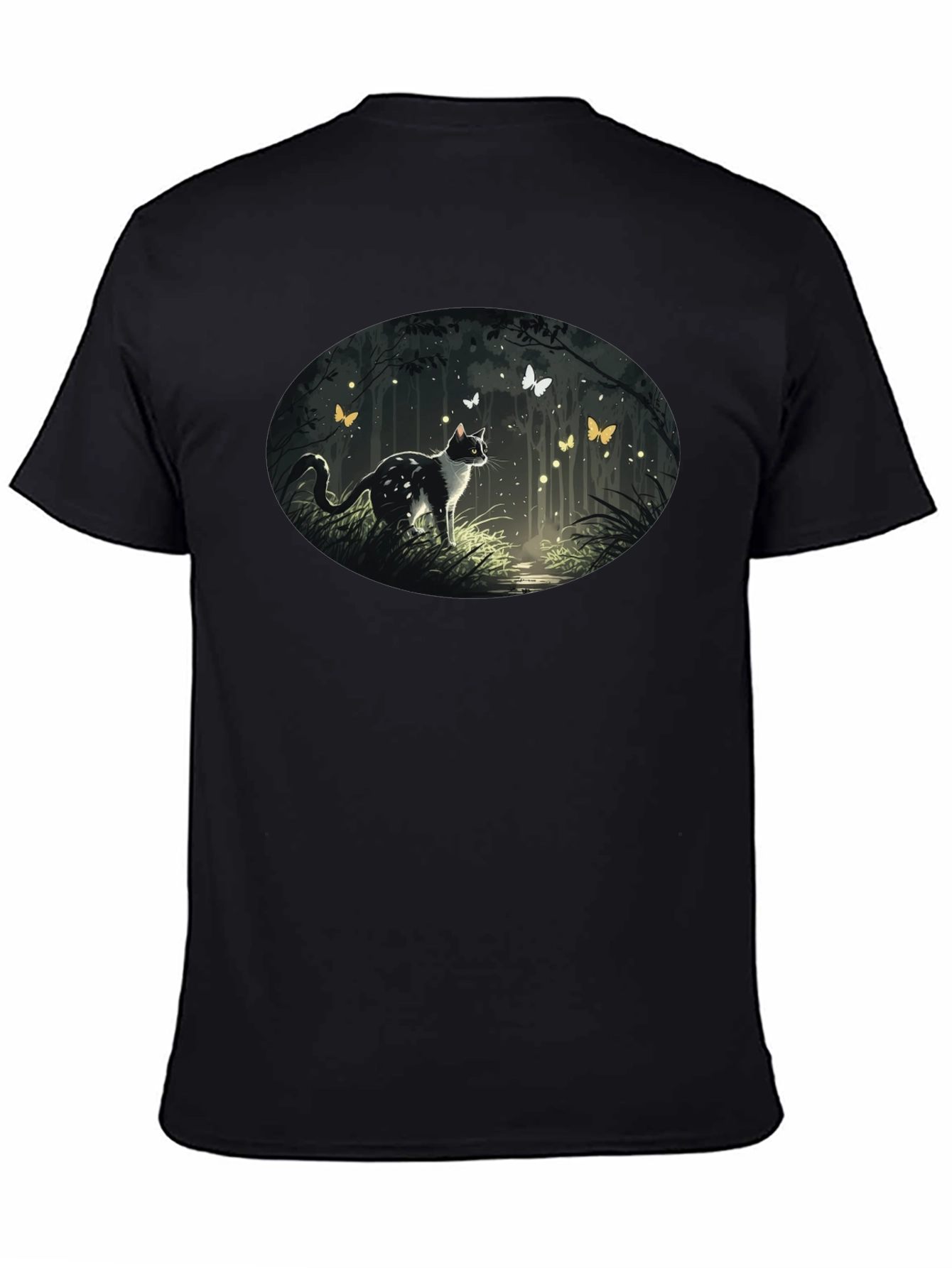 Cat & Butterfly Graphic Tee - Black Cotton T-Shirt