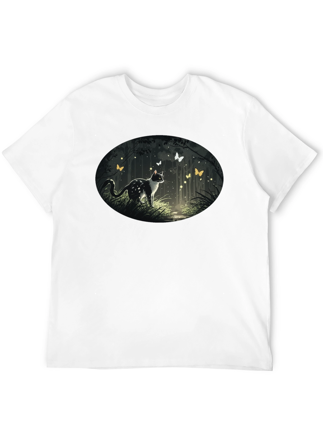 Cat & Butterfly Graphic Tee - Black Cotton T-Shirt