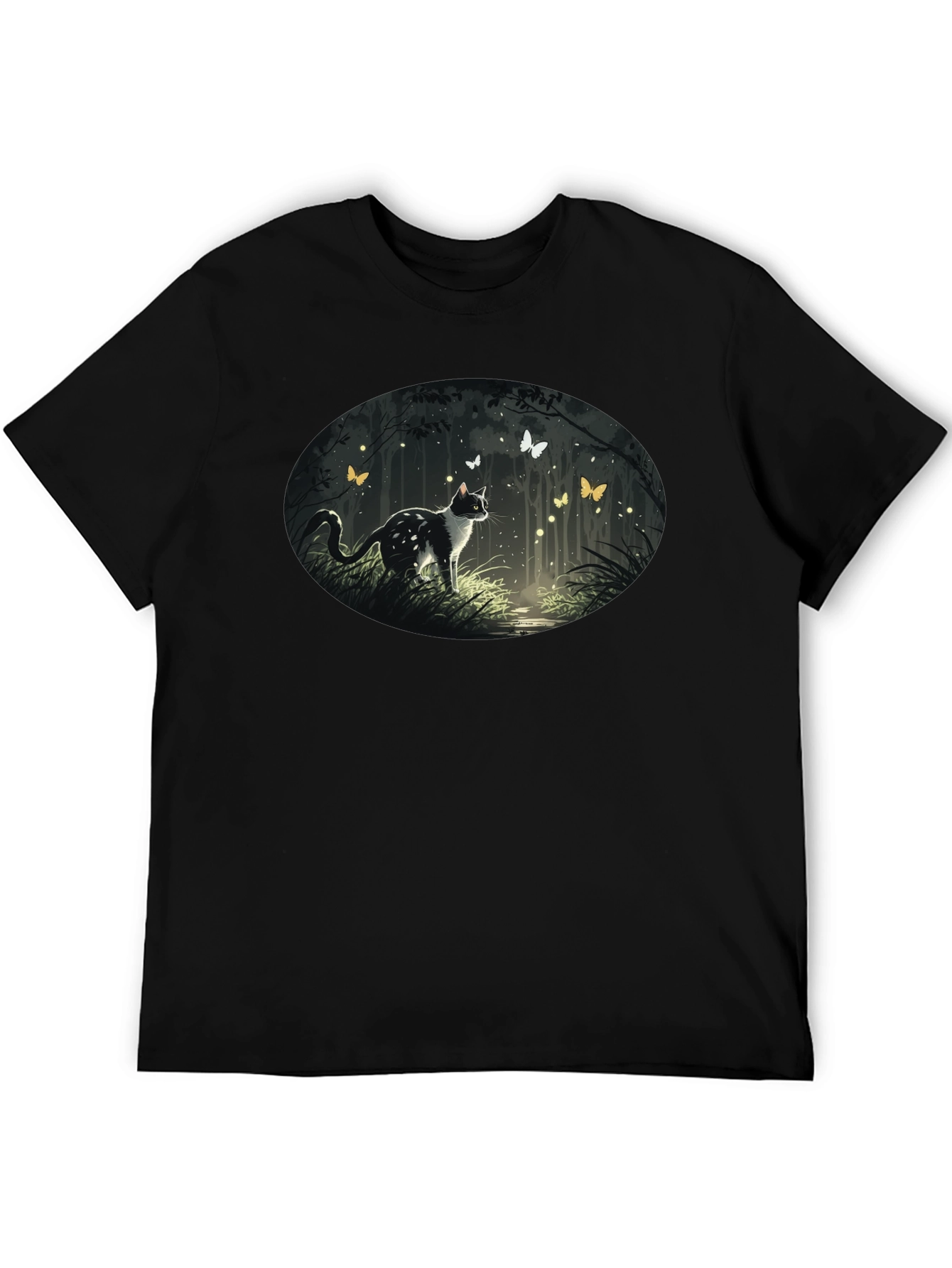 Cat & Butterfly Graphic Tee - Black Cotton T-Shirt