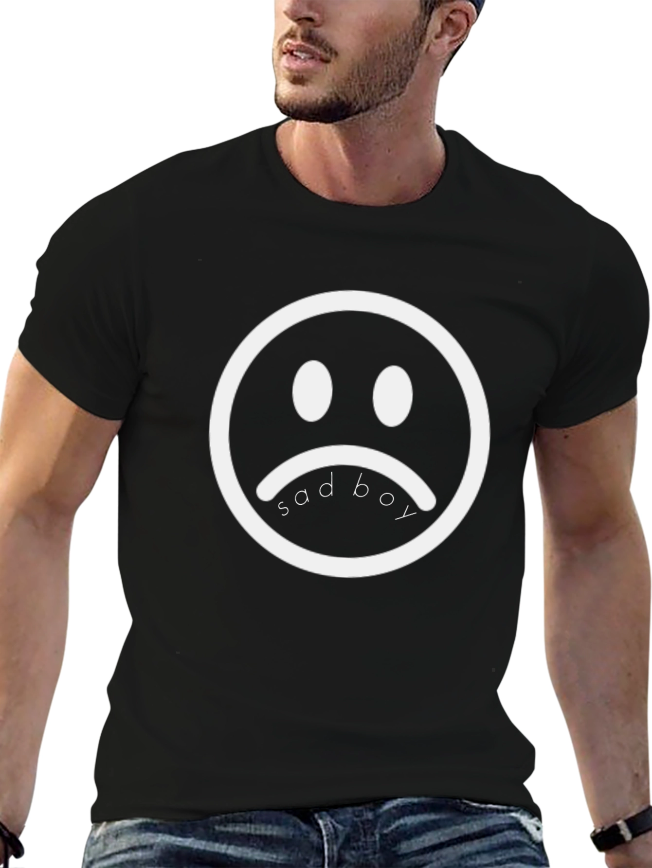 Sad Boy Graphic Tee - Black Cotton Blend T-Shirt