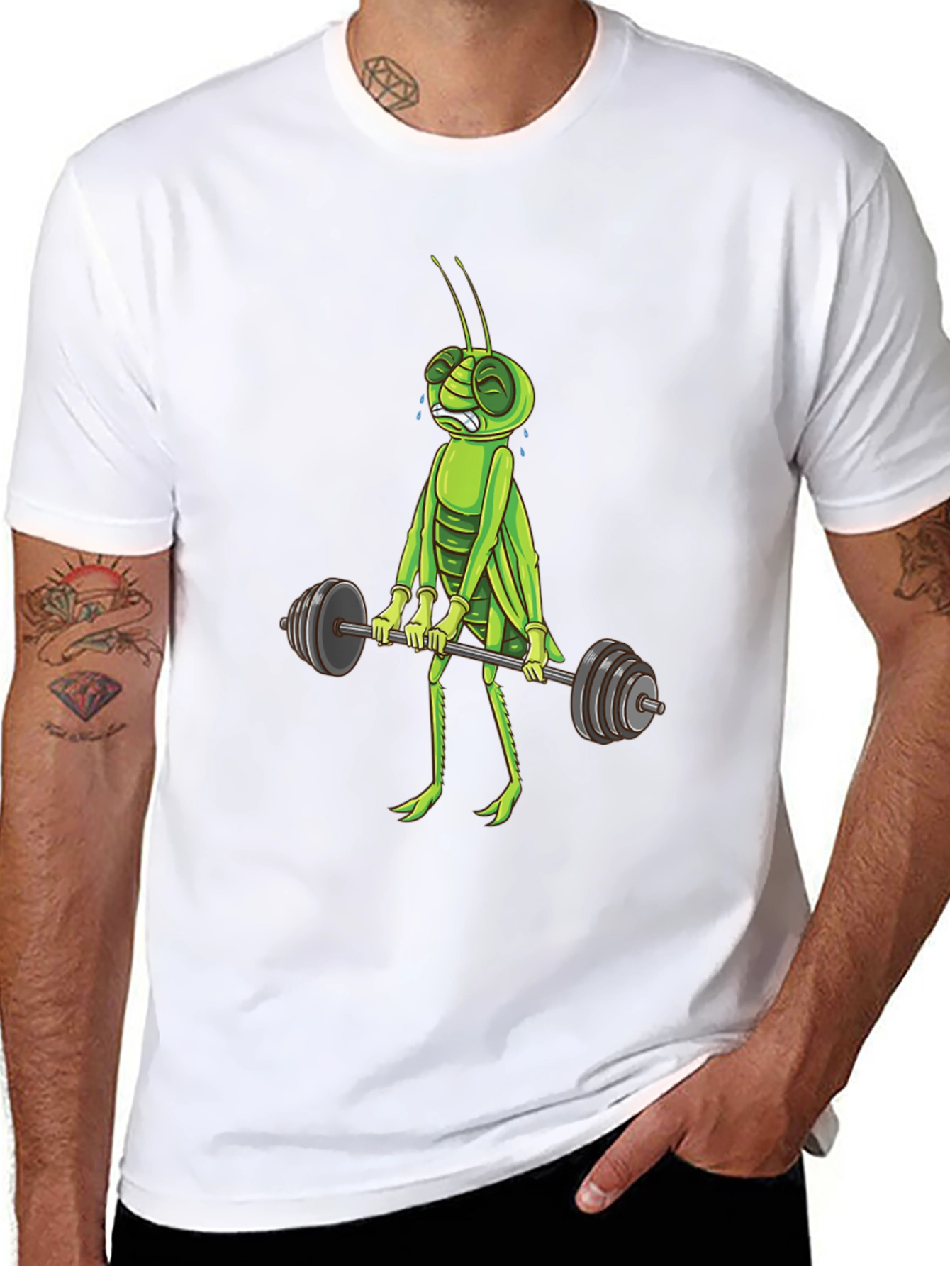Funny Grasshopper Lifting Weights Graphic T-Shirt