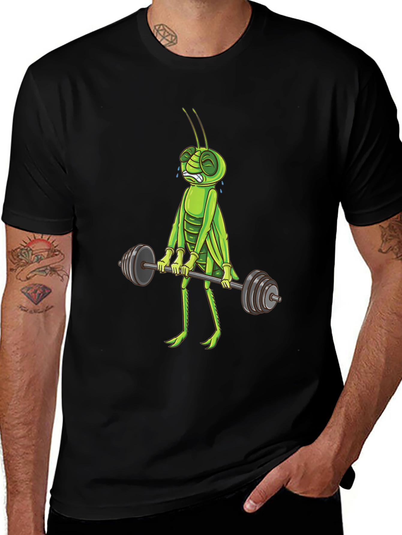 Funny Grasshopper Lifting Weights Graphic T-Shirt