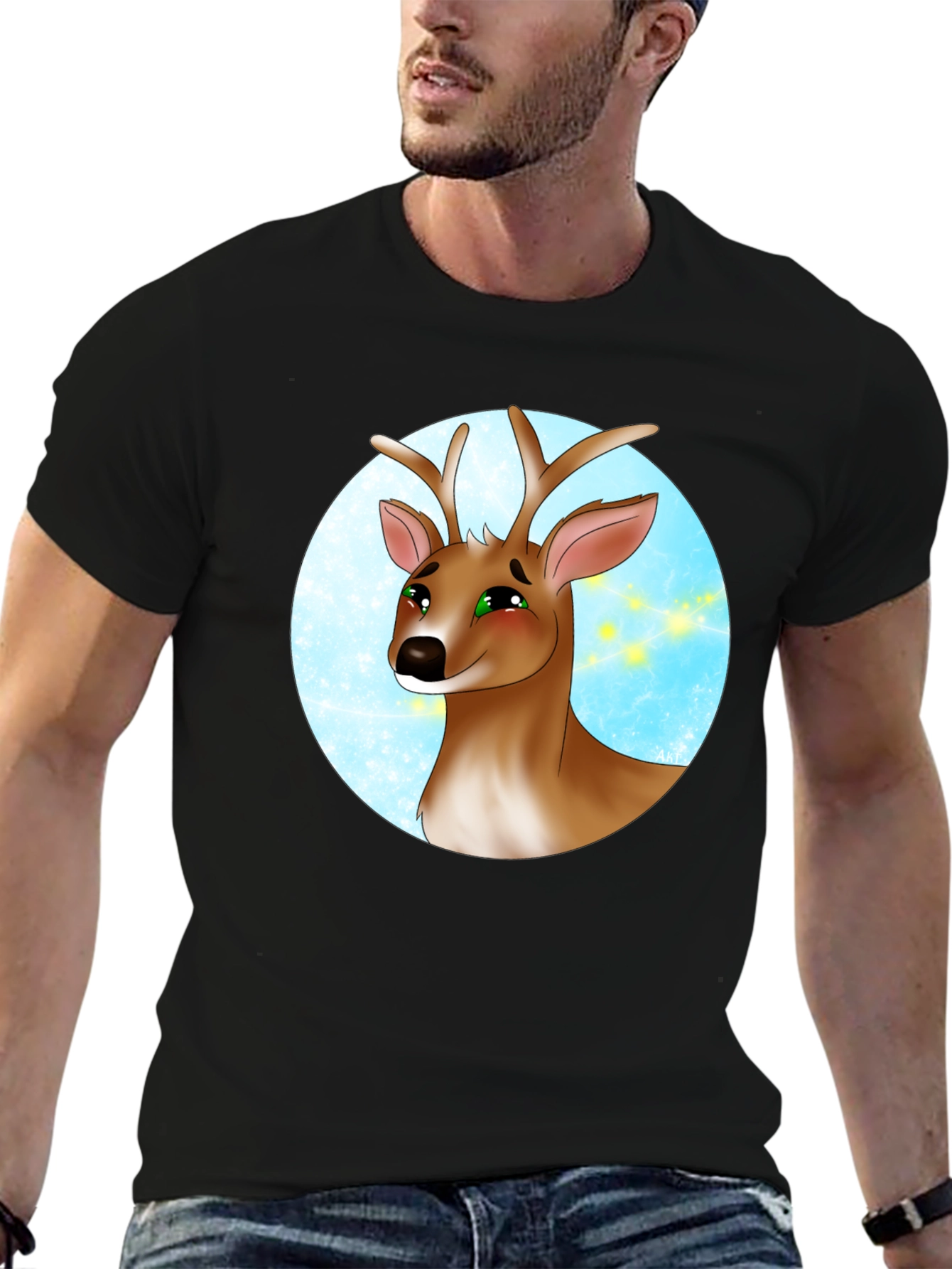 Deer Cartoon Graphic Print Black T-Shirt