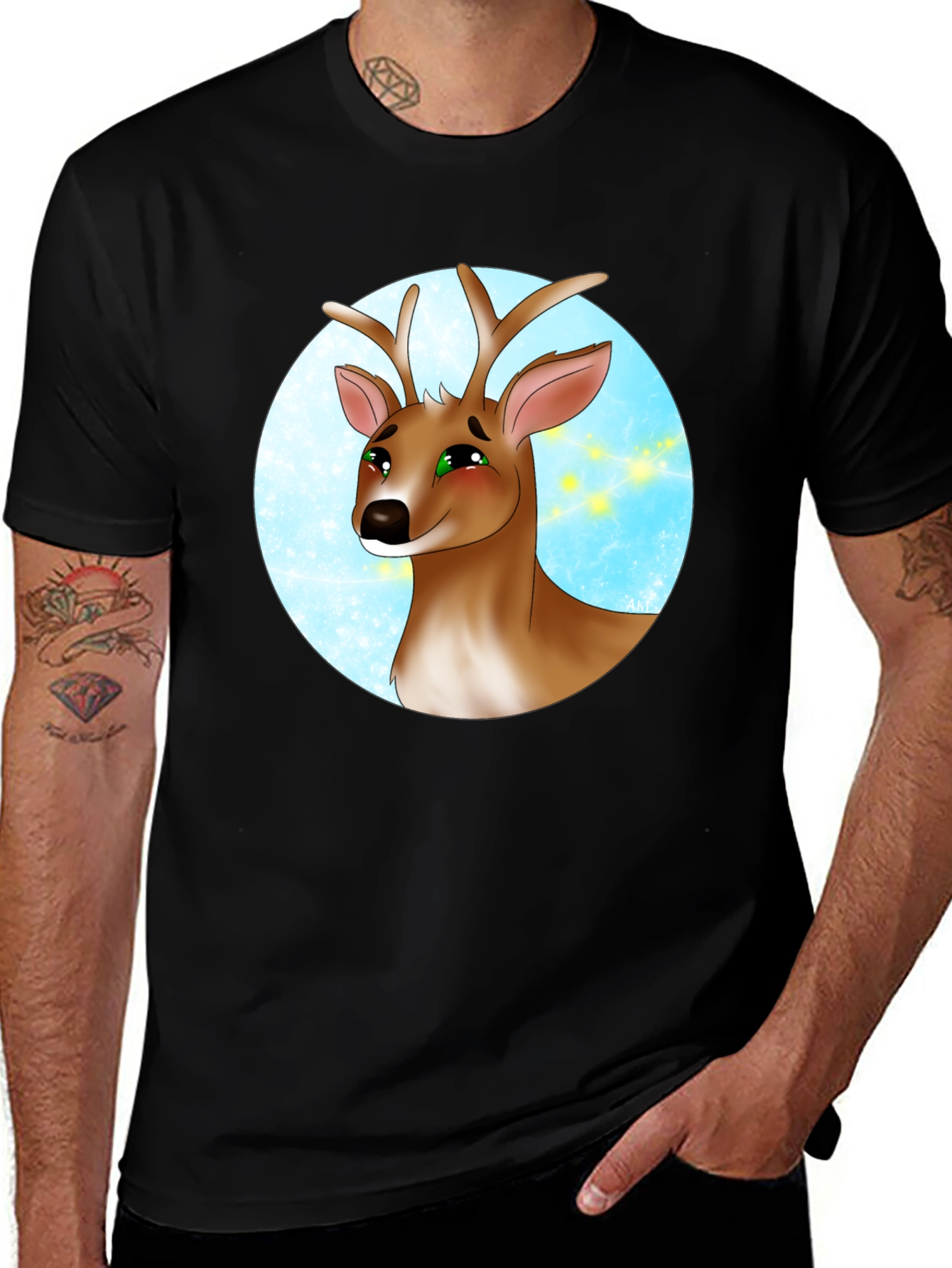 Deer Cartoon Graphic Print Black T-Shirt