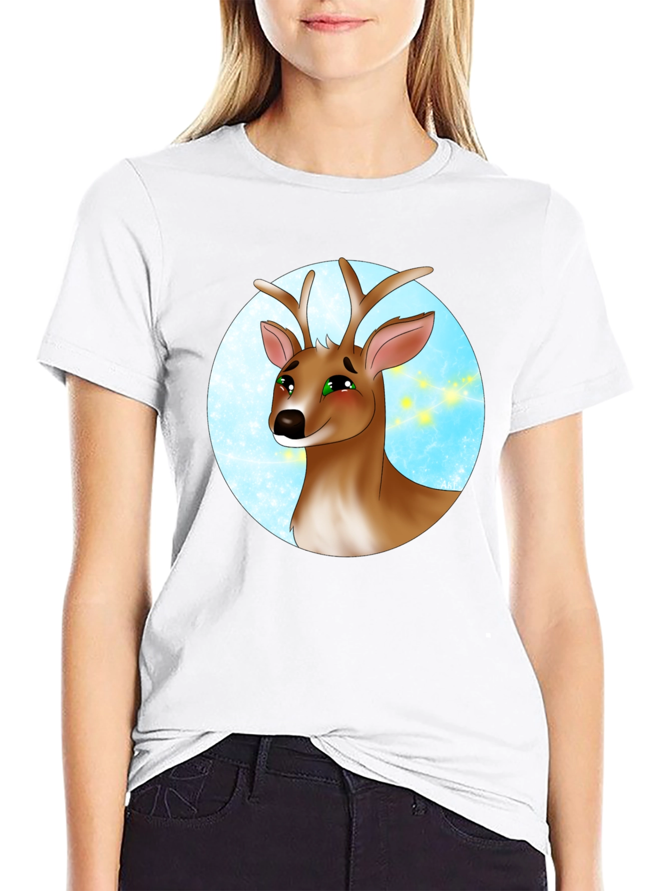 Deer Cartoon Graphic Print Black T-Shirt
