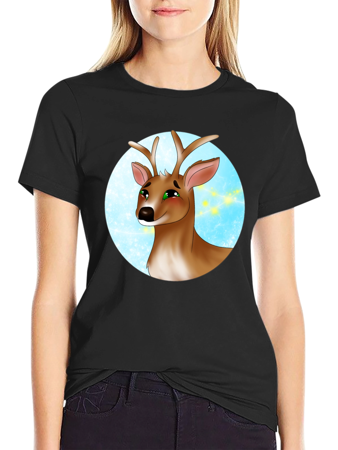 Deer Cartoon Graphic Print Black T-Shirt