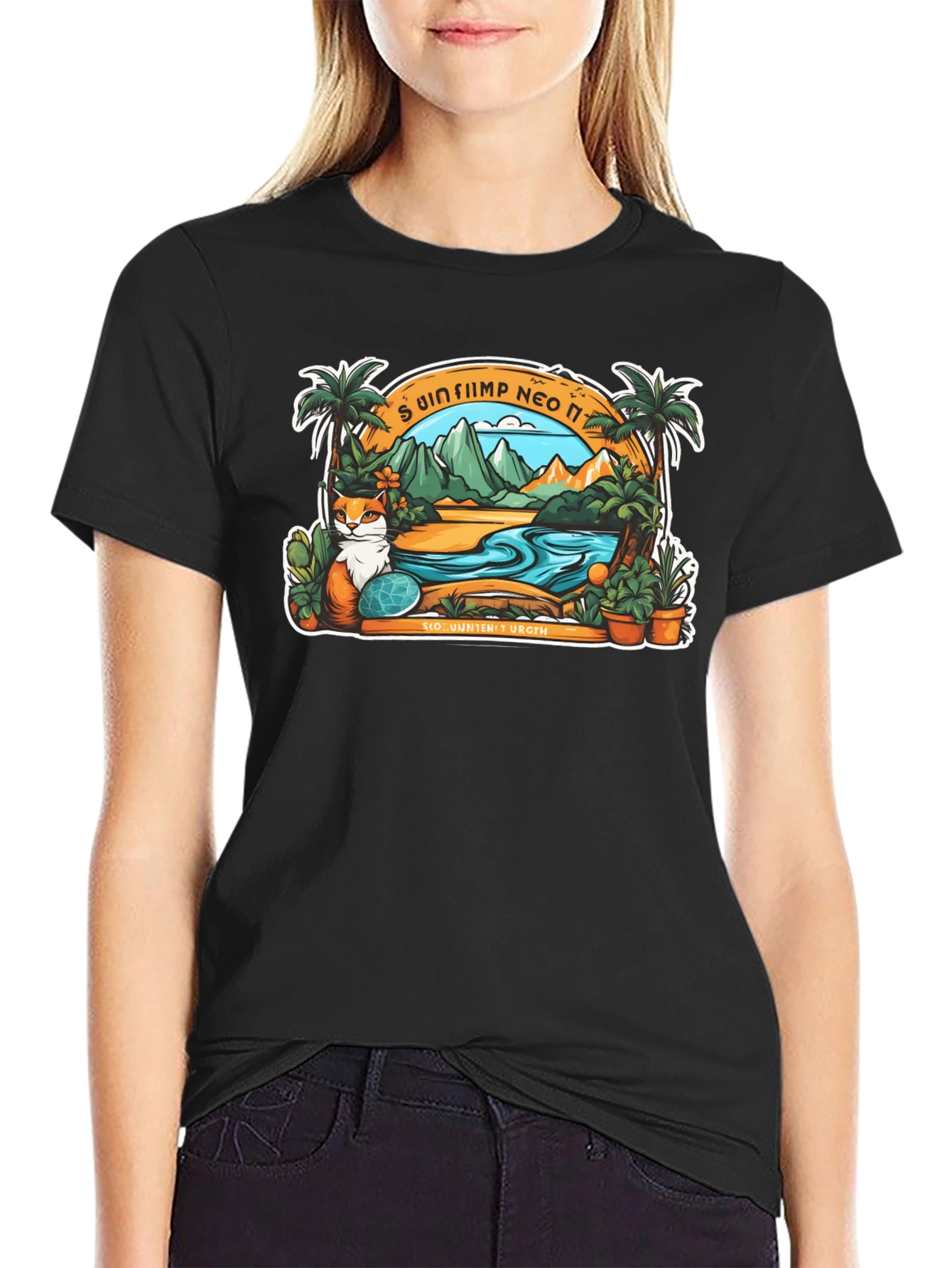 Tropical Cat Paradise Black T-Shirt