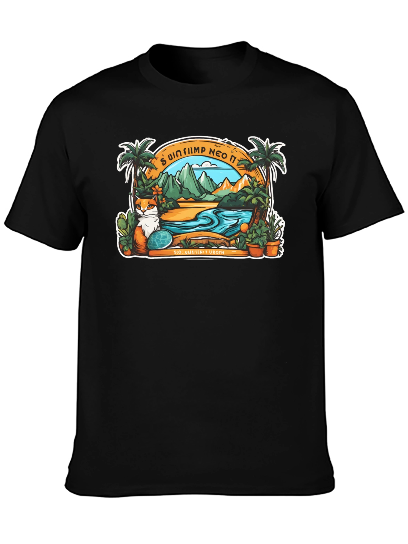 Tropical Cat Paradise Black T-Shirt