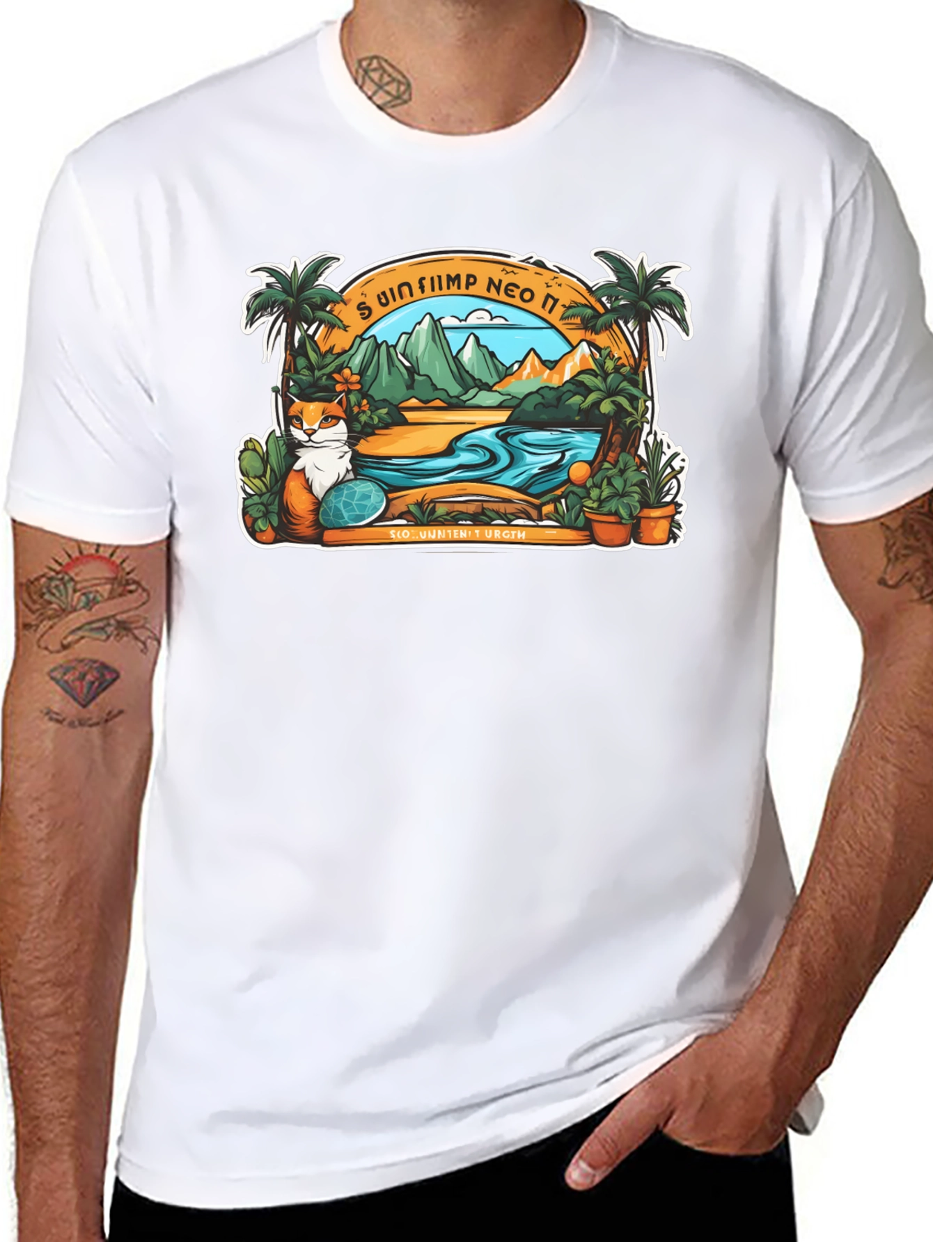 Tropical Cat Paradise Black T-Shirt