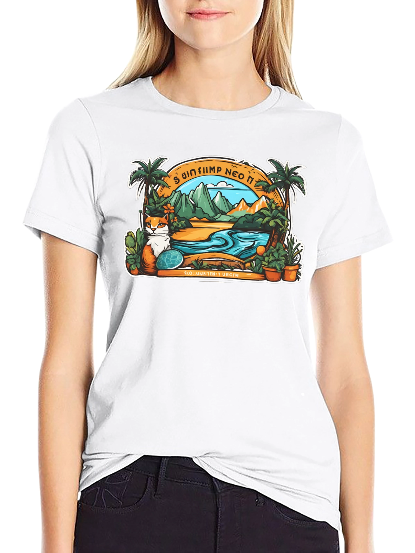Tropical Cat Paradise Black T-Shirt