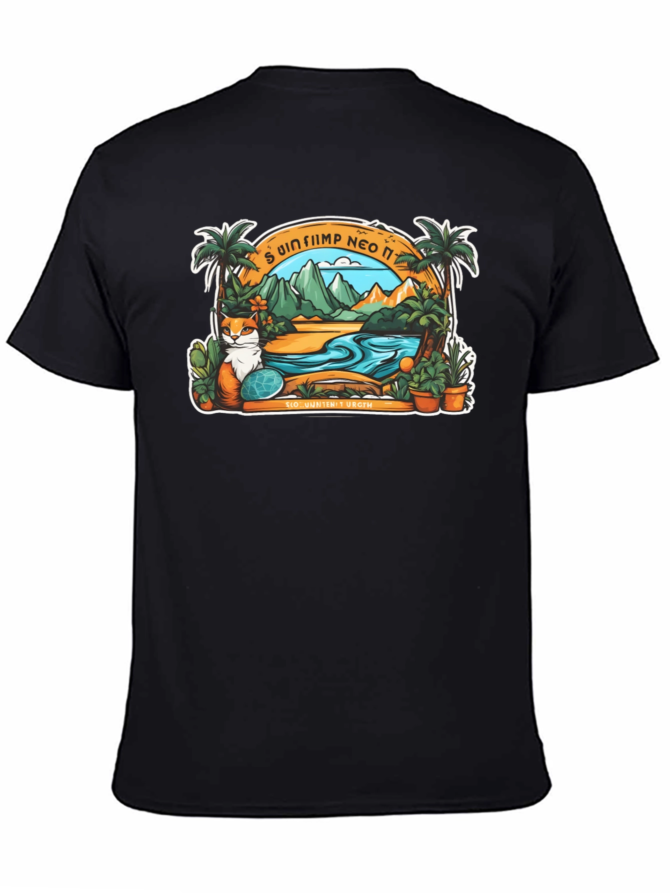Tropical Cat Paradise Black T-Shirt