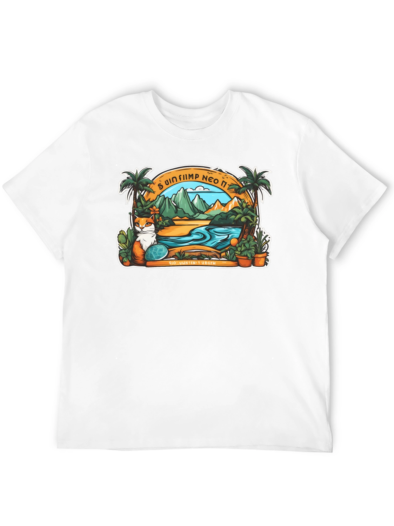 Tropical Cat Paradise Black T-Shirt