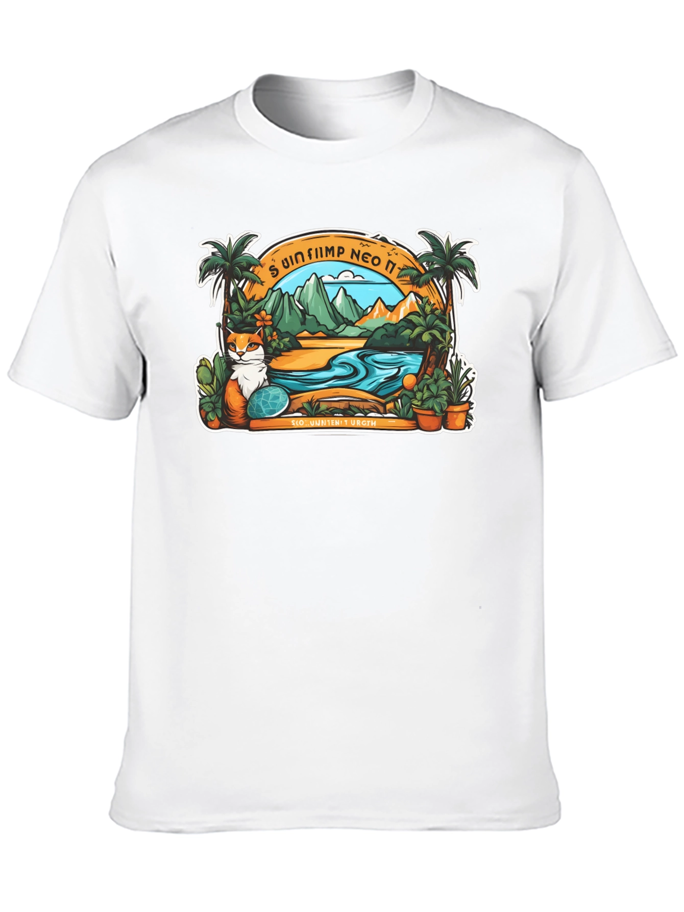 Tropical Cat Paradise Black T-Shirt
