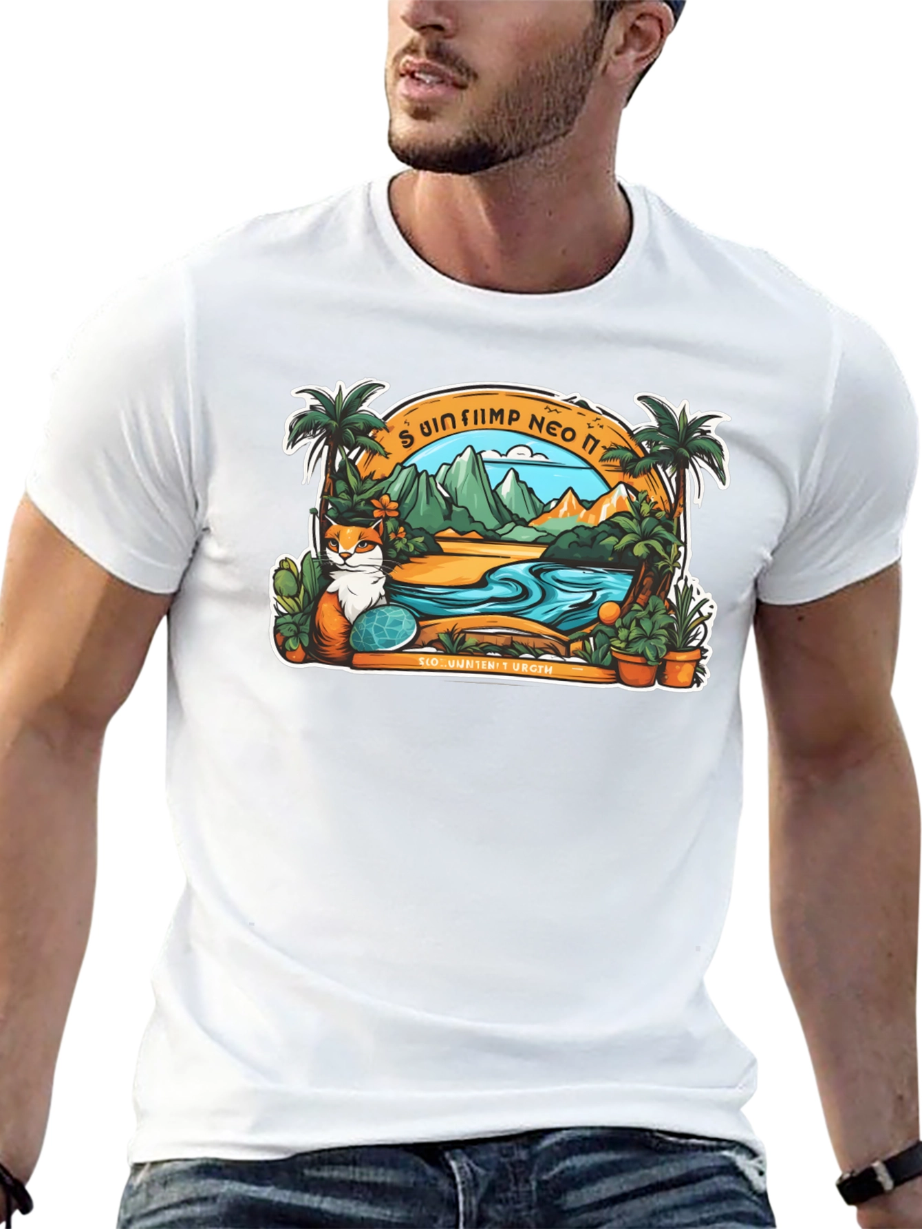Tropical Cat Paradise Black T-Shirt