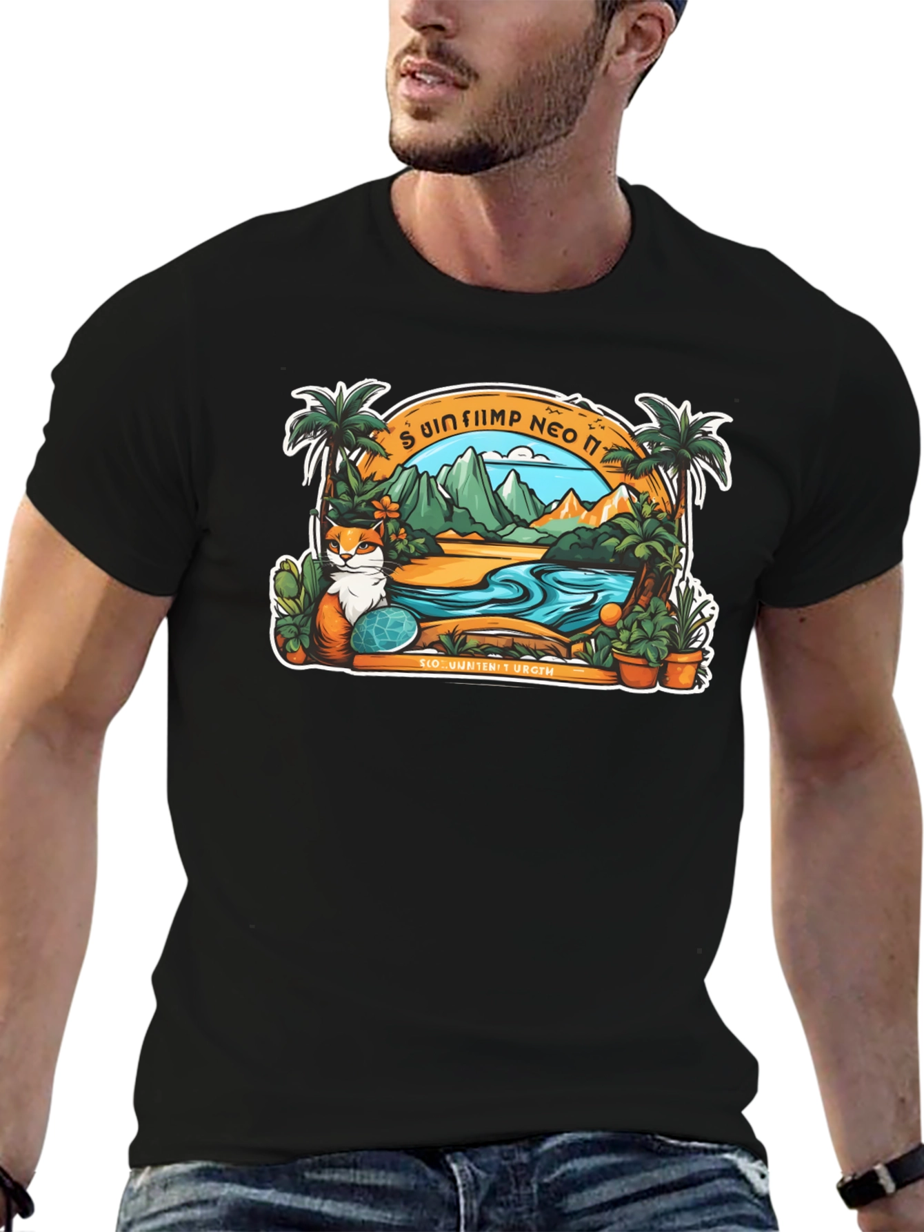 Tropical Cat Paradise Black T-Shirt