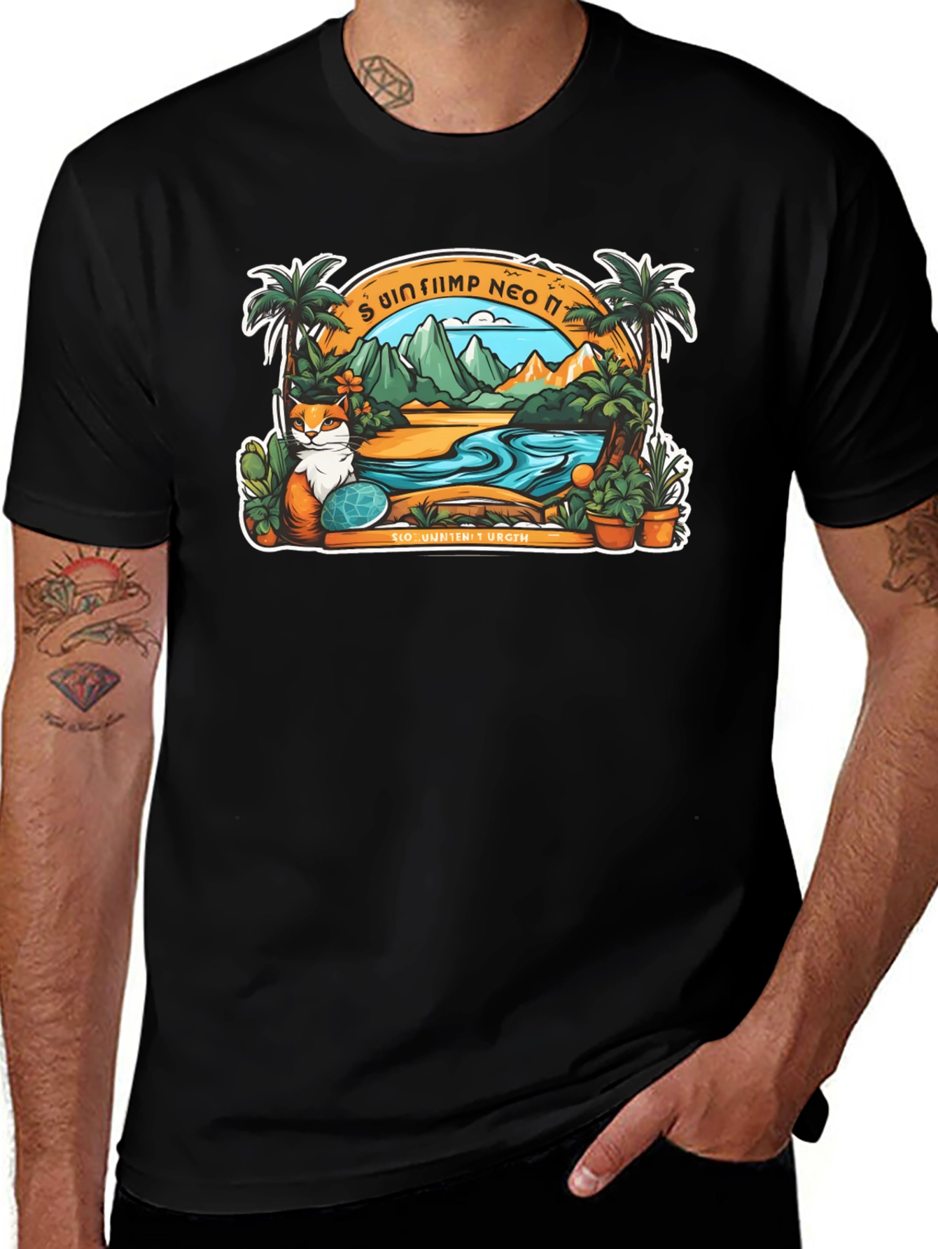 Tropical Cat Paradise Black T-Shirt