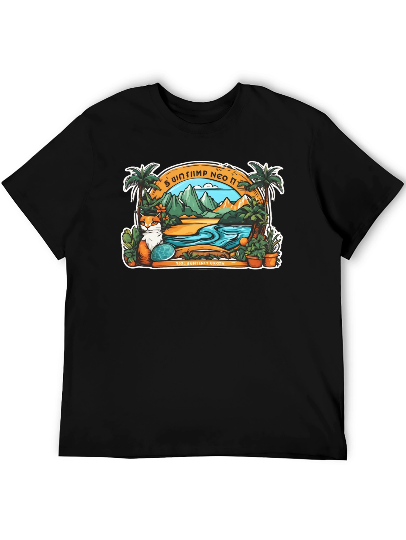 Tropical Cat Paradise Black T-Shirt