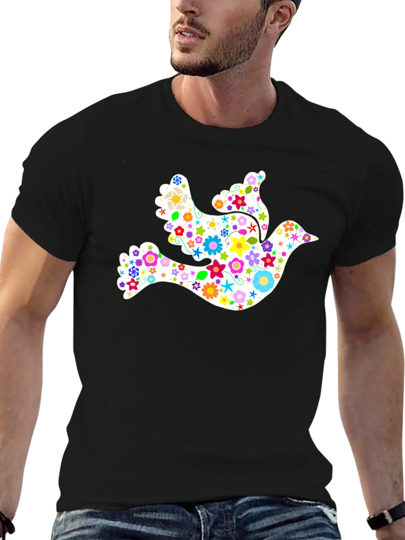 Floral Dove Graphic Black T-Shirt