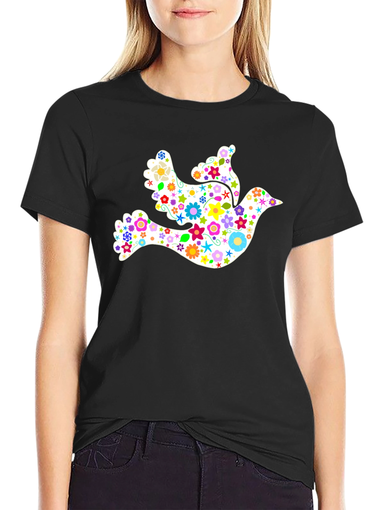 Floral Dove Graphic Black T-Shirt
