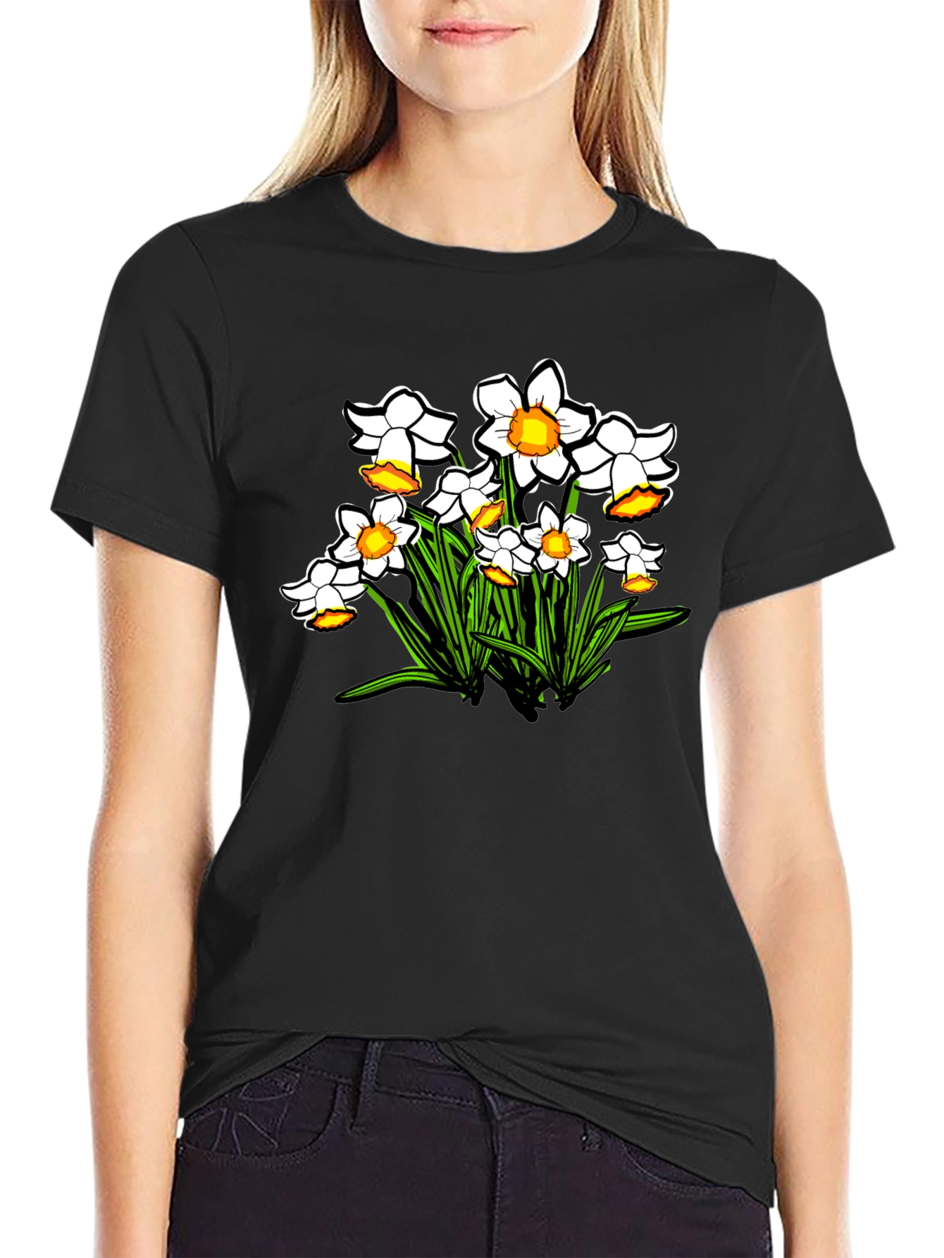 Floral Daffodil Graphic Print Black T-Shirt
