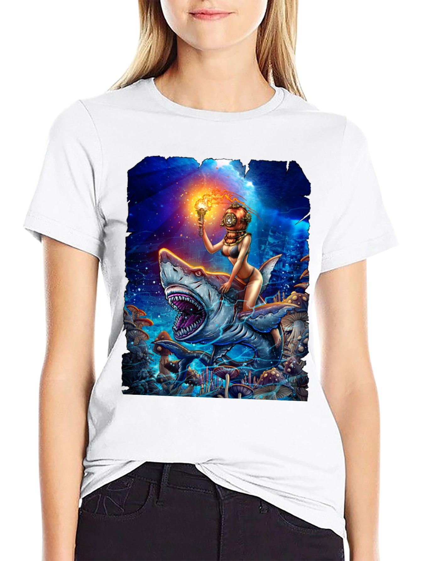 Diver Girl Riding Shark T-Shirt - Unique Graphic Tee