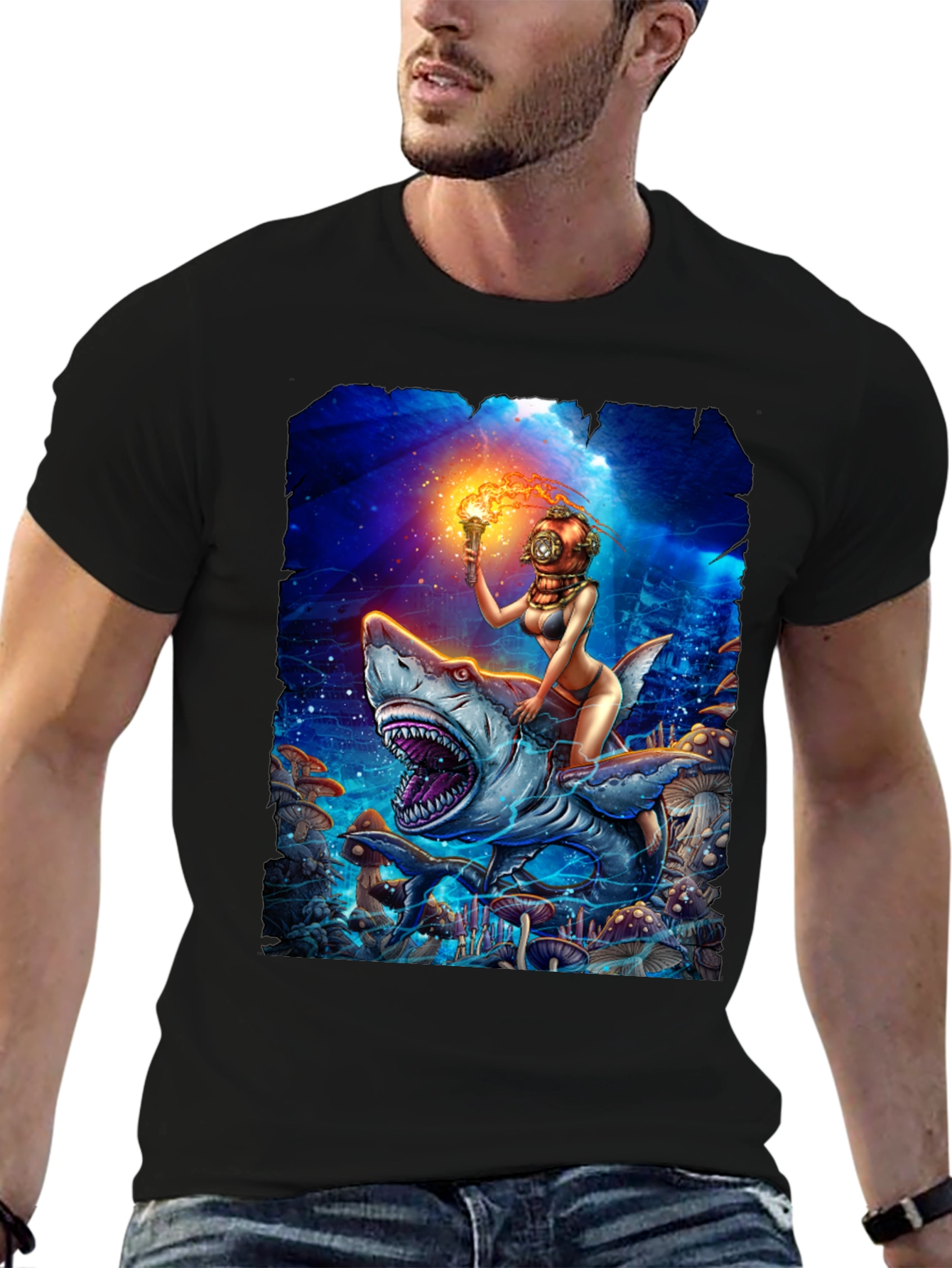 Diver Girl Riding Shark T-Shirt - Unique Graphic Tee
