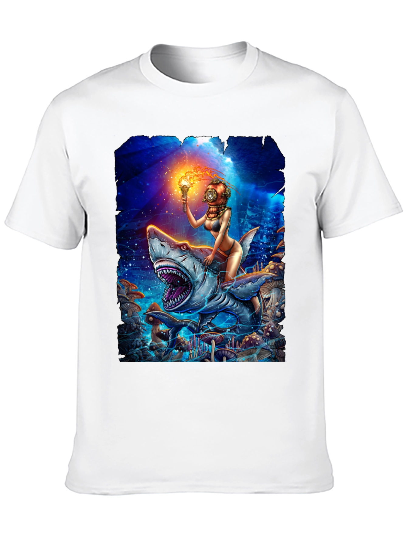 Diver Girl Riding Shark T-Shirt - Unique Graphic Tee