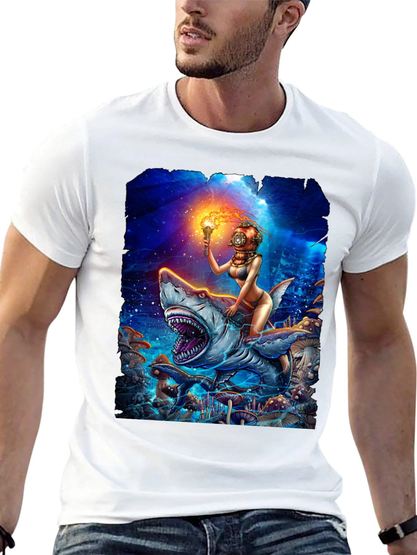 Diver Girl Riding Shark T-Shirt - Unique Graphic Tee