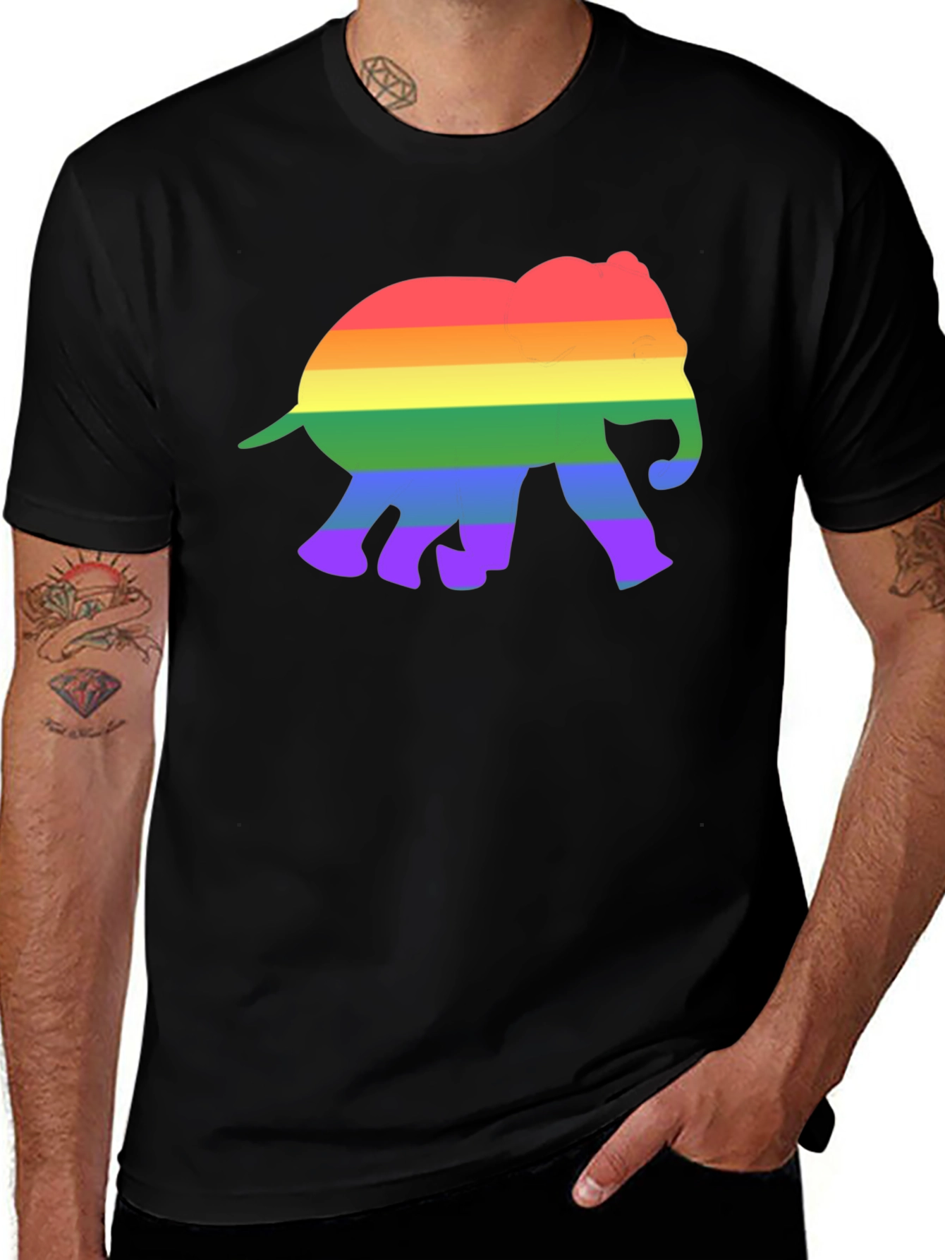 Rainbow Elephant Graphic Tee - Black Cotton T-Shirt