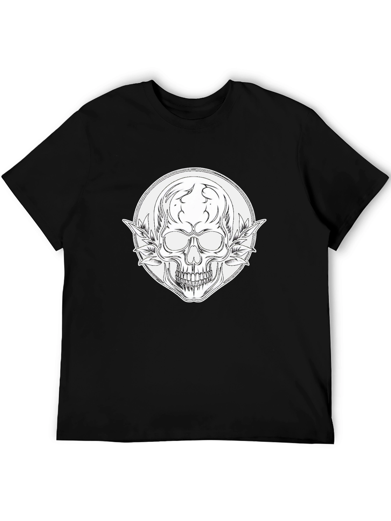 Skull and Leaves Graphic Black T-Shirt