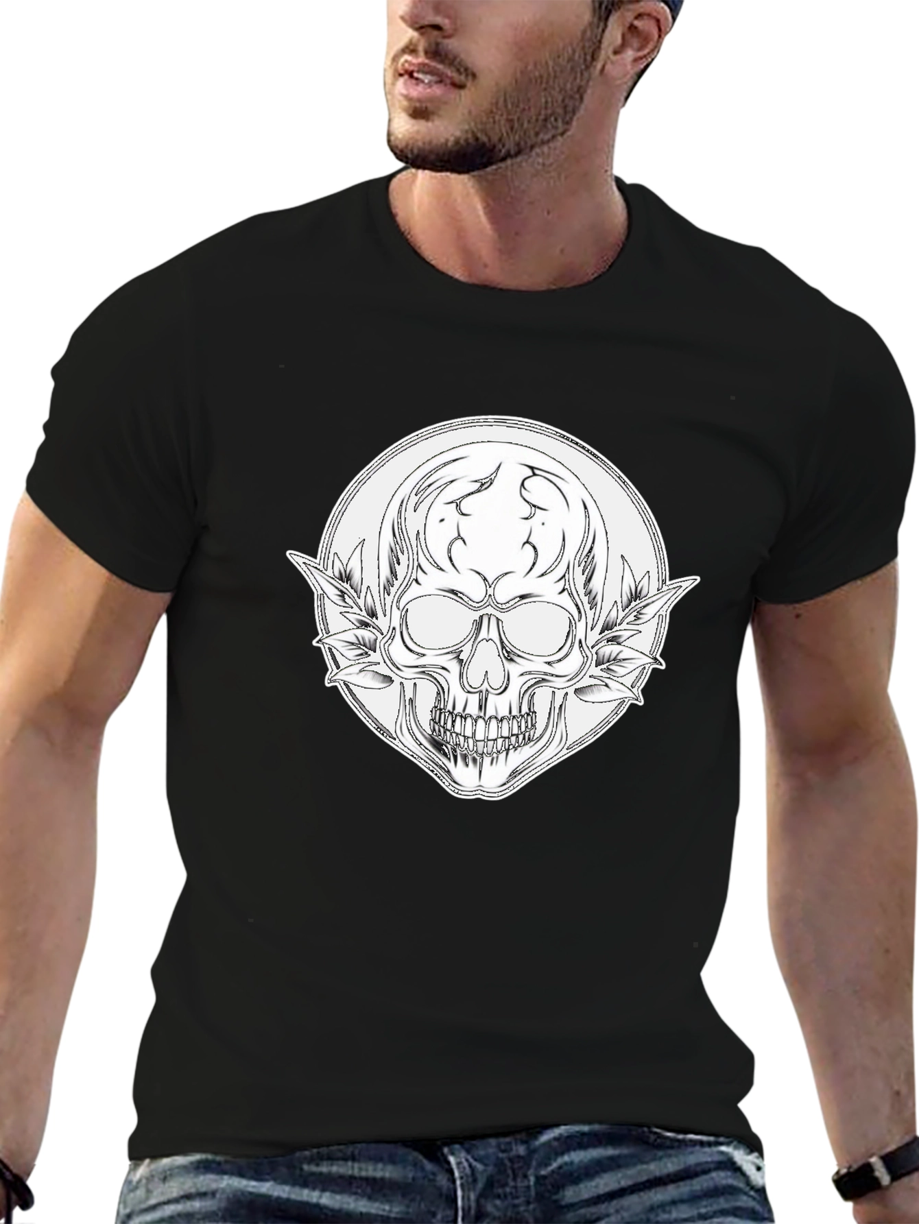 Skull and Leaves Graphic Black T-Shirt